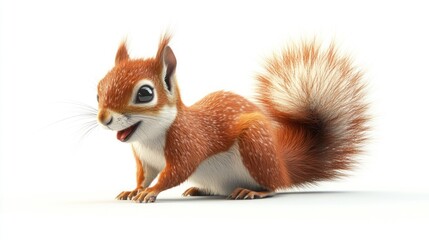 Obraz premium A cute cartoon squirrel with a bushy tail, looking to the left, isolated on a white background.