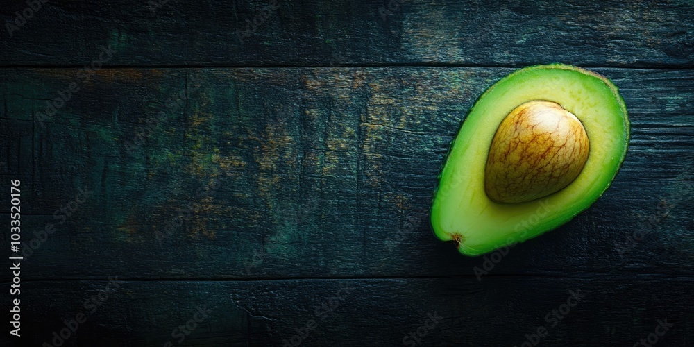 Aufkleber avocado on a dark wood surface. close-up of half an avocado. top view. copy space.
