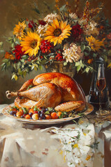 Turkey Painting, Thanksgiving Table Feast, Roast Turkey, Wine, and Harvest Fruits in Oil Painting Style
