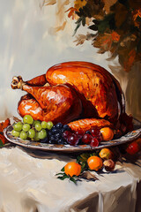 Turkey Painting, Thanksgiving Table Feast, Roast Turkey, Wine, and Harvest Fruits in Oil Painting Style