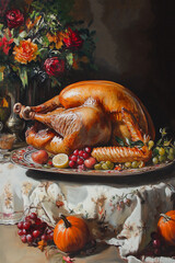 Turkey Painting, Thanksgiving Table Feast, Roast Turkey, Wine, and Harvest Fruits