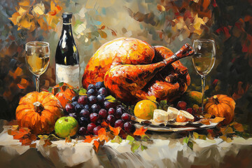 Turkey Painting, Thanksgiving Table Feast, Roast Turkey, Wine, and Harvest Fruits in Oil Painting Style
