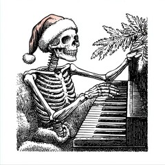 Skeleton playing piano, festive holiday scene