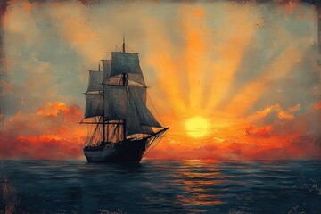 A simple woodcut illustration of the silhouette of an old sailing ship on a calm ocean at sunset