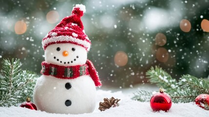 Festive new year greeting card with happy snowman standing in a snowy christmas landscape, featuring copy-space for seasonal wishes and messages against a serene winter background with fresh snow