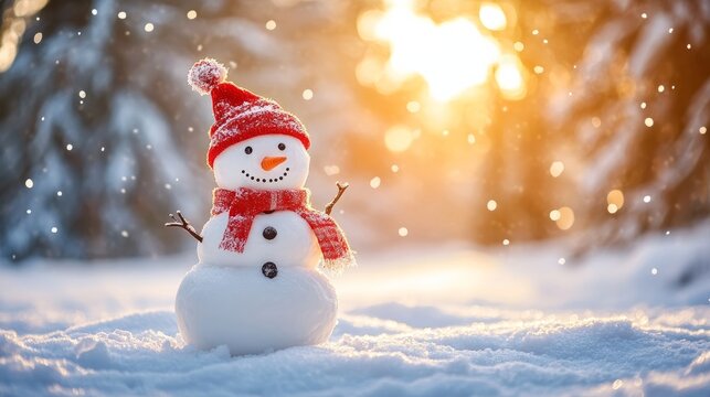 Festive new year greeting card with happy snowman standing in a snowy christmas landscape, featuring copy-space for seasonal wishes and messages against a serene winter background with fresh snow