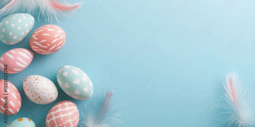 Poster several painted easter eggs adorned with feathers on a light blue background, arranged in a flat lay