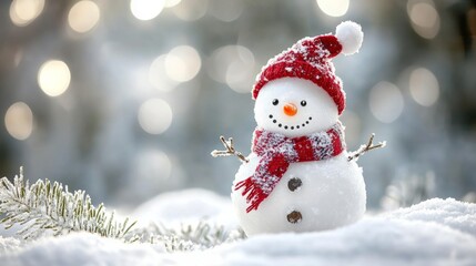 Festive new year greeting card with happy snowman standing in a snowy christmas landscape, featuring copy-space for seasonal wishes and messages against a serene winter background with fresh snow