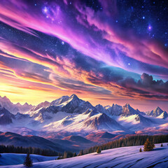 Fototapeta premium sunset in the mountains. mountain, landscape, sky, mountains, snow, sunset, nature, clouds, cloud, sunrise, winter, alps, sun, hill, view, morning, travel, peak, rock, top, fog, ice, forest, scenery, 