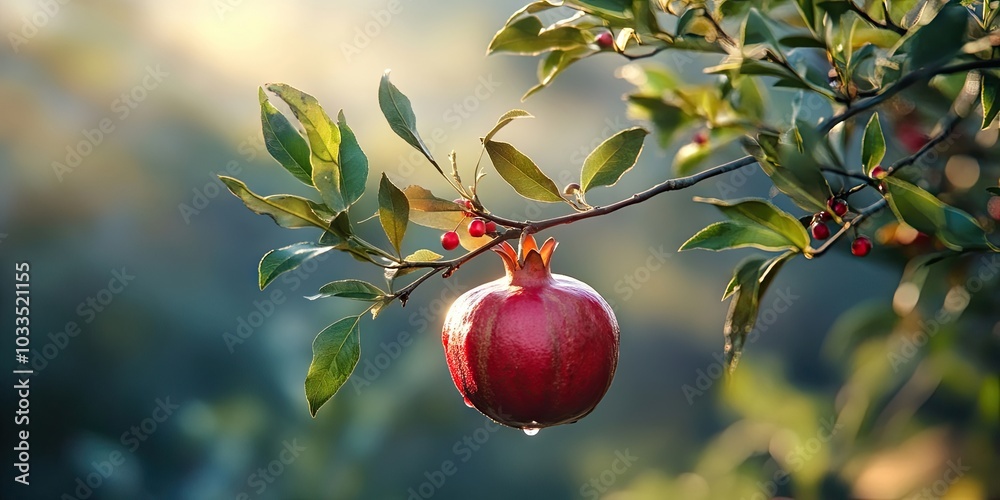 Poster a pomegranate fruit on a branch of a tree.