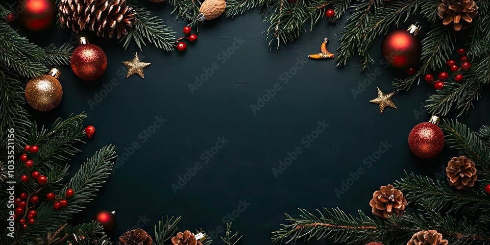 Poster Christmas frame created from fir tree branches and decorations on a black background with room for text. Wishing you a Merry Christmas and a Happy New Year. Xmas theme. Top view. Copyspace.