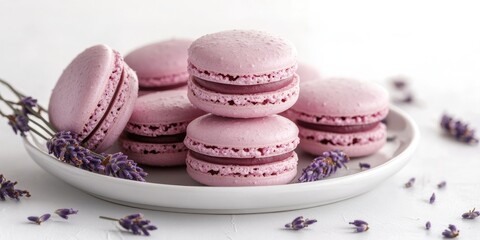 Obraz premium Macarons on a white plate with lavender set against a white background. Arranged vertically.