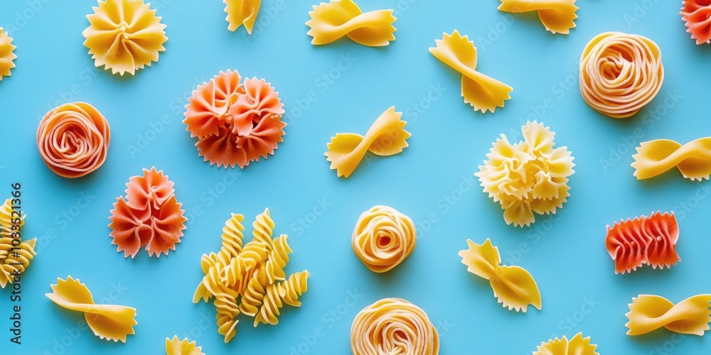 Poster Top view of a colorful raw pasta pattern on a blue background with copy space.