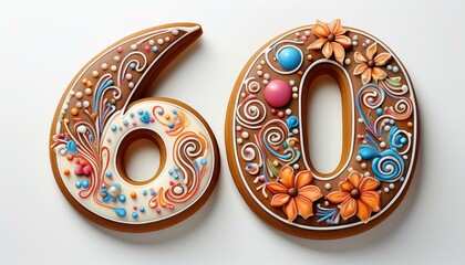 Decorated cookie, number 60, illustration for birthday or anniversary celebration