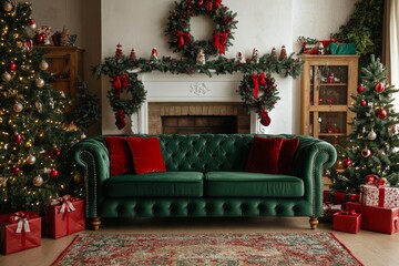 Stylish christmas living room interior with green sofa, white chimney, christmas tree and wreath,...