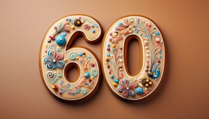 Decorated cookie, number 60, illustration for birthday or anniversary celebration