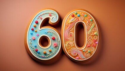 Decorated cookie, number 60, illustration for birthday or anniversary celebration