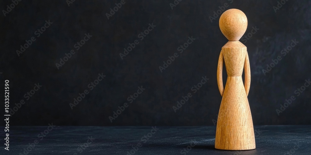 Poster wooden figure of a woman on a black background with empty space for text.