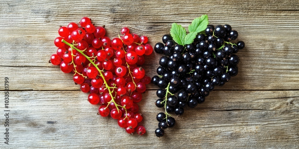 Aufkleber black currants and red currants arranged in a heart shape on a wooden table.