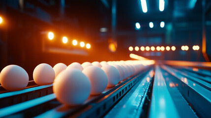 A line of perfectly formed eggs moves gently along a conveyor belt in a food processing plant, bathed in warm lighting that emphasizes the seamless integration of agriculture and a