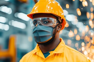 A factory worker wearing protective gear, including a helmet, mask, and goggles, in an industrial environment with sparks flying in the background.