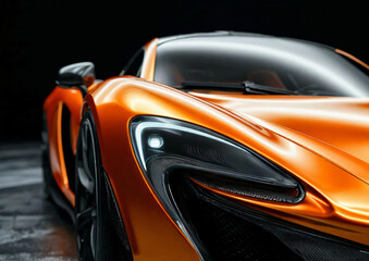 Brilliant orange horizontal format showroom sports car with front view to promote luxury cars and lifestyle.