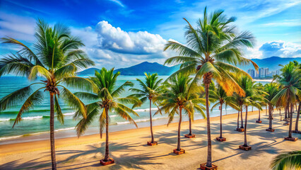 Obraz premium palm trees on the beach. beach, palm, tropical, sea, tree, sand, ocean, island, sky, vacation, travel, paradise, summer, water, coconut, palm tree, holiday, caribbean, landscape, coast, nature, palms,