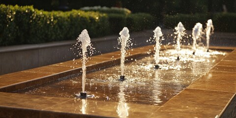 Outdoor fountain setting featuring streams of cold water arcing from ground spigots and splashing onto the damp brown marble surface.