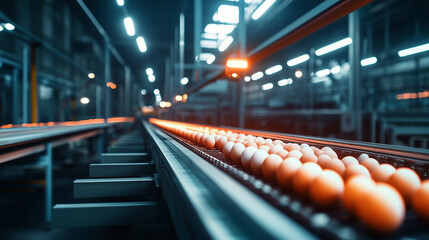 The soft glow of factory lights illuminates rows of eggs on a conveyor belt, highlighting the efficiency of automated food production systems in the agricultural industry.