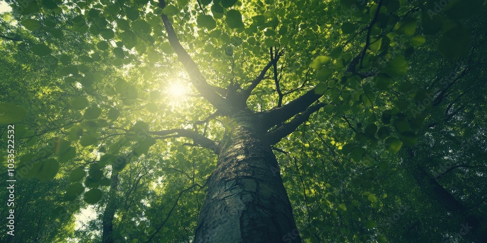 Aufkleber fresh green tree in the forest viewed from below, with sunlight filtering through the branches and l