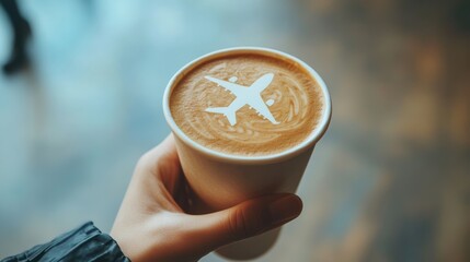 Savoring a cappuccino with latte art in an airport, a traveler gets a caffeine boost before their flight, capturing a moment of relaxation amidst travel hustle