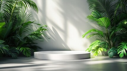 Minimalist White Podium Surrounded by Lush Greenery