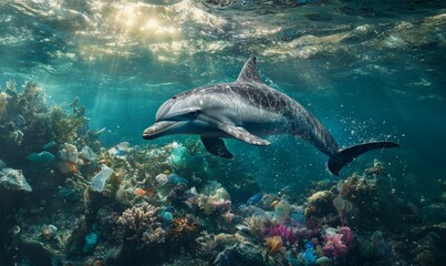 Dolphin swims through ocean littered with plastic.