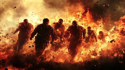 Fight: A dynamic abstraction of fire that captures the heat and energy of a flame in a flaming ghost like challenging obstacle course. With bright colors of red, orange and yellow.