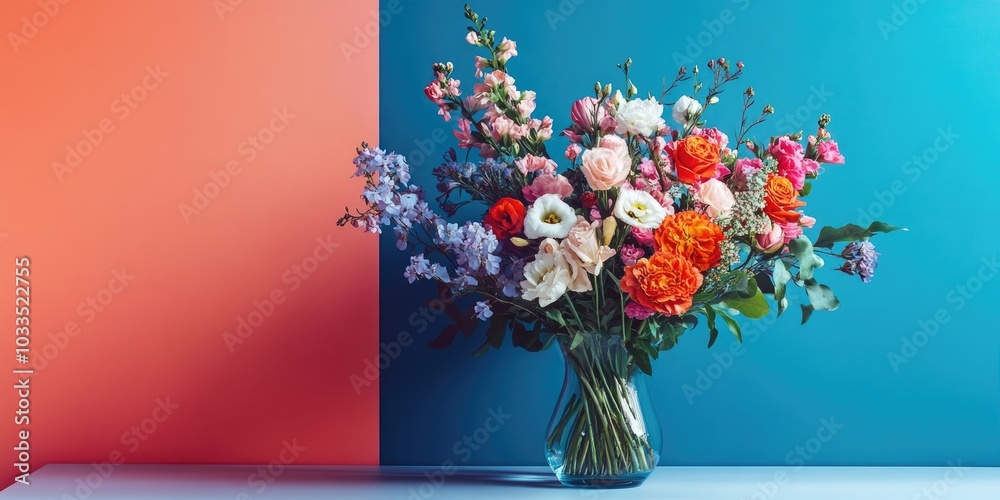 Poster vase filled with a stunning bouquet of flowers on a table set against a colored background.