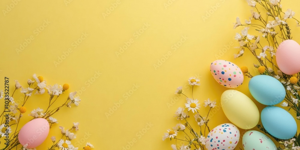 Poster flat lay top view of colorful easter eggs painted in pastel shades alongside spring flowers on a yel
