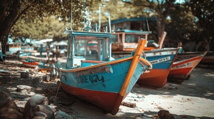 Colorful wooden fishing boats are docked on a sandy beach with palm trees in the background.