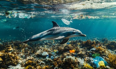 Fototapeta premium Dolphin swims amidst plastic pollution in the ocean.