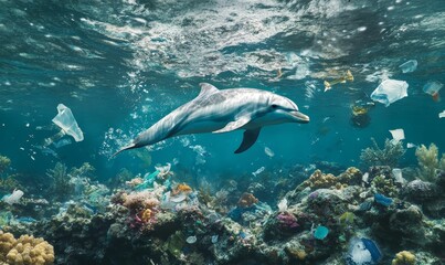 Obraz premium Dolphin swimming in a polluted ocean.