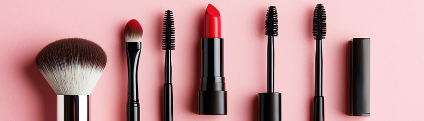 Obraz premium High-end cosmetics set including lipstick, mascara, and brushes on a delicate pink background, perfect for beauty ads