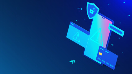 Mobile fraud warning alert, phone scam, malware spreading and online warning concept with 3d smartphone, shield and credit card on dark blue background