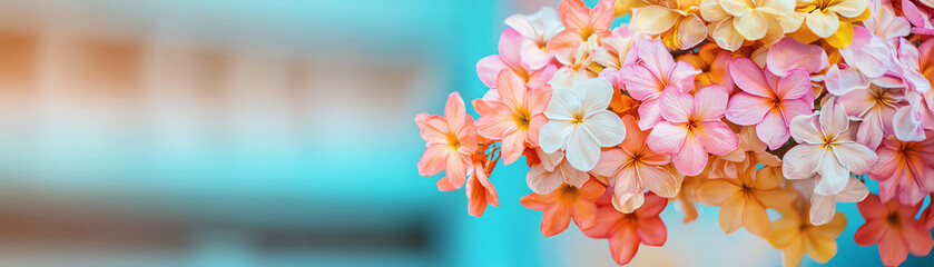 Naklejka premium Close-up of a traditional Thai flower garland suspended in air, vibrant colors with a blurred temple background, Thai flower garland in mid-air, Floating floral art.