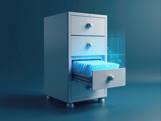 Filing cabinet showing digital files with futuristic hologram interface