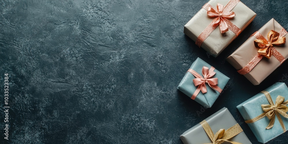 Aufkleber a collection of wrapped boxes with gifts on a grey textured background. top view. gift concept. spac