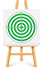 Shooting range target on a wooden easel stand. Paper target with divisions, marks and numbers. Archery, gun shooting and training, sport competition, hunting. Bullseye and aim. Vector illustration