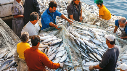 Fishermen sorting the catch of the day after a fishing trip