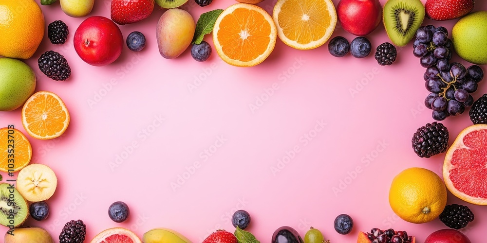 Poster colorful summer fruits border a pink background from a top view with copy space.