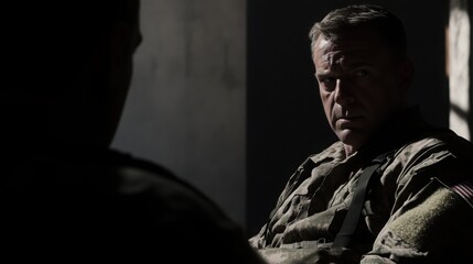Obraz premium soldier in combat uniform leading an interrogation of a civilian man