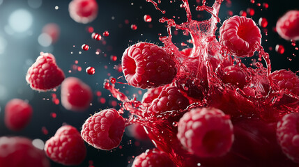 Raspberries and berries spin through the air, splashing in a wave of red juice, the liquid and fruit together creating a sense of vivid, fresh flavor in every drop.