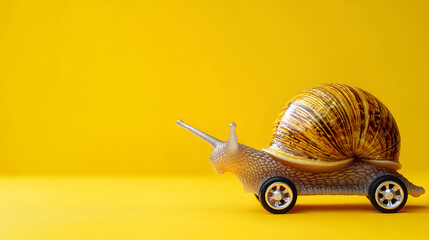 Speedy snail with wheels on yellow background. Concept of speed and success. Speed increase, reptile courier delivery, transportation, efficient fast movement, time saving fast delivery concept